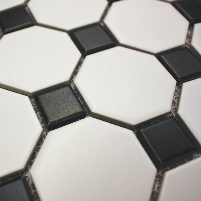 Shapes - Octagon White with 23mm Black Dot (CM-7148) Mosaic Matt 55mm Oct 29.5x29.5cm 