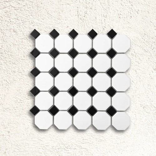 Shapes - Octagon White with 23mm Black Dot (CM-7148) Mosaic Matt 55mm Oct 29.5x29.5cm 
