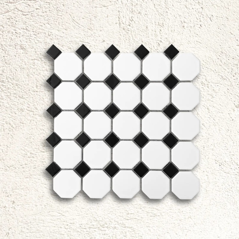 Shapes - Octagon White with 23mm Black Dot (CM-7148) Mosaic Matt 55mm Oct 29.5x29.5cm 