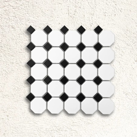 Shapes - Octagon White with 23mm Black Dot (CM-7148) Mosaic Matt 55mm Oct 29.5x29.5cm 